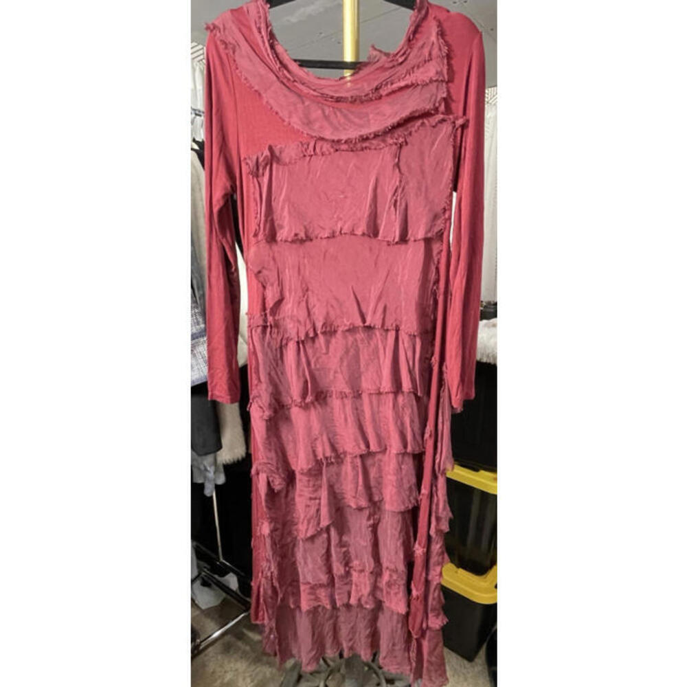 100% Silk Tiered Ruffle Maxi "Miracle Dress" Style S 4-6 Lagenlook Boho Chic - Picture 3 of 5